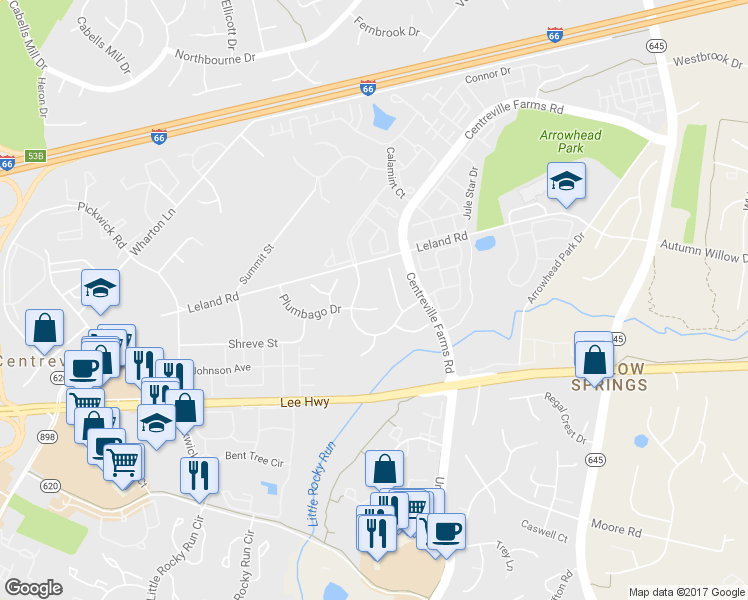 map of restaurants, bars, coffee shops, grocery stores, and more near 13554 Plumbago Drive in Centreville