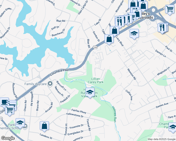 map of restaurants, bars, coffee shops, grocery stores, and more near 6155 Carey Park Lane in Falls Church