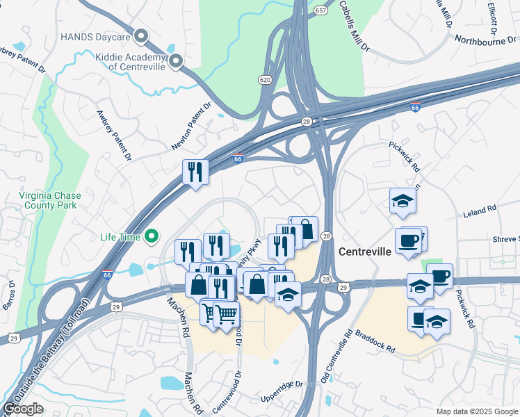 map of restaurants, bars, coffee shops, grocery stores, and more near 5751 Wood Meadow Way in Centreville