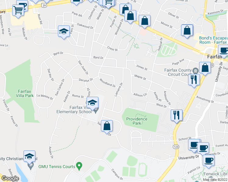 map of restaurants, bars, coffee shops, grocery stores, and more near 4222 Lamarre Drive in Fairfax
