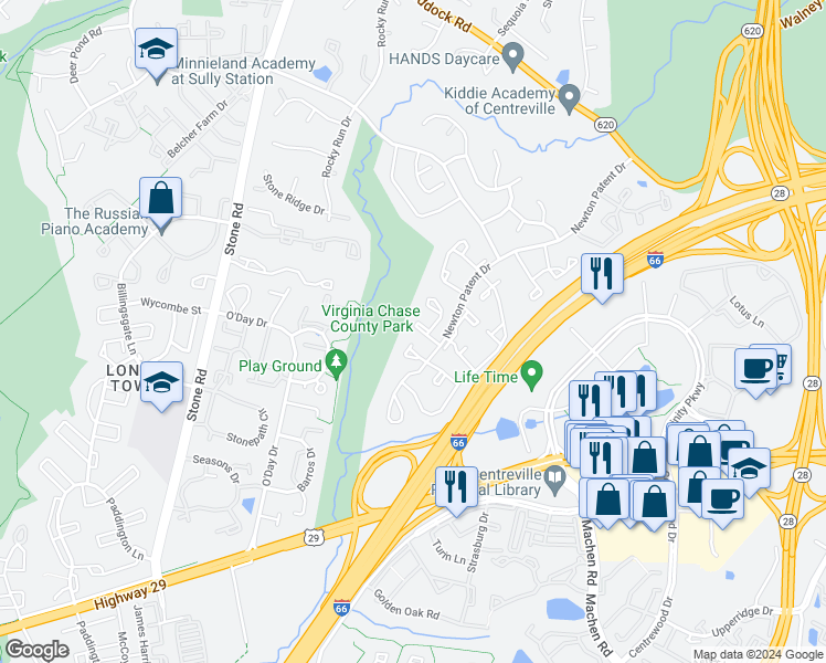 map of restaurants, bars, coffee shops, grocery stores, and more near 14427 Manassas Gap Court in Centreville