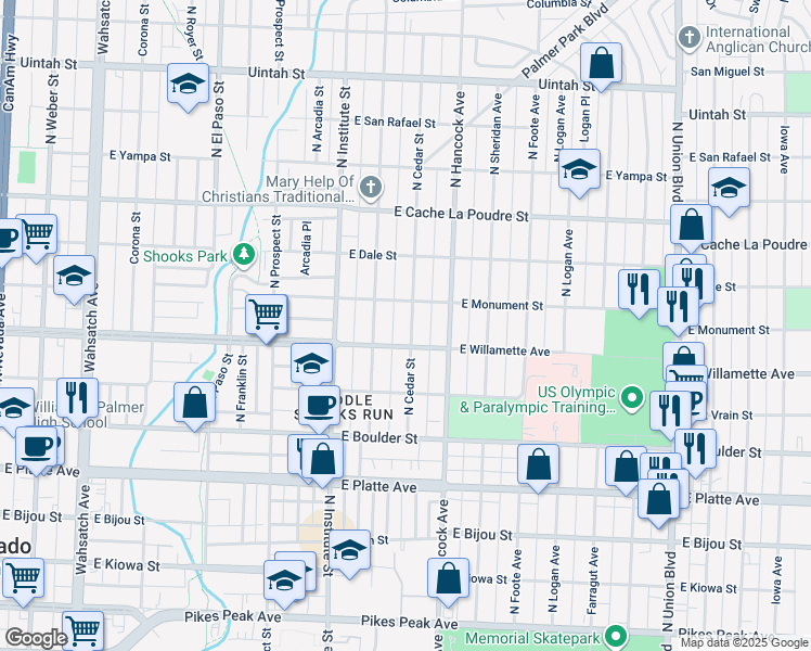 map of restaurants, bars, coffee shops, grocery stores, and more near 616 North Cedar Street in Colorado Springs