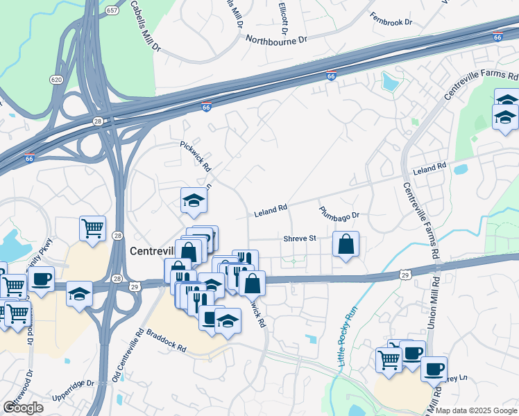 map of restaurants, bars, coffee shops, grocery stores, and more near 13716 Leland Road in Centreville