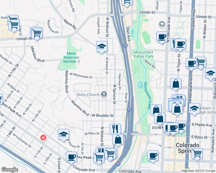 map of restaurants, bars, coffee shops, grocery stores, and more near 623 North Walnut Street in Colorado Springs