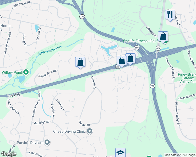 map of restaurants, bars, coffee shops, grocery stores, and more near 5105 Summit Drive in Fairfax