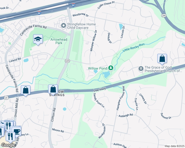 map of restaurants, bars, coffee shops, grocery stores, and more near 5215 Whisper Willow Drive in Fairfax