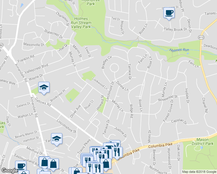 map of restaurants, bars, coffee shops, grocery stores, and more near 3708 Larchmont Drive in Annandale