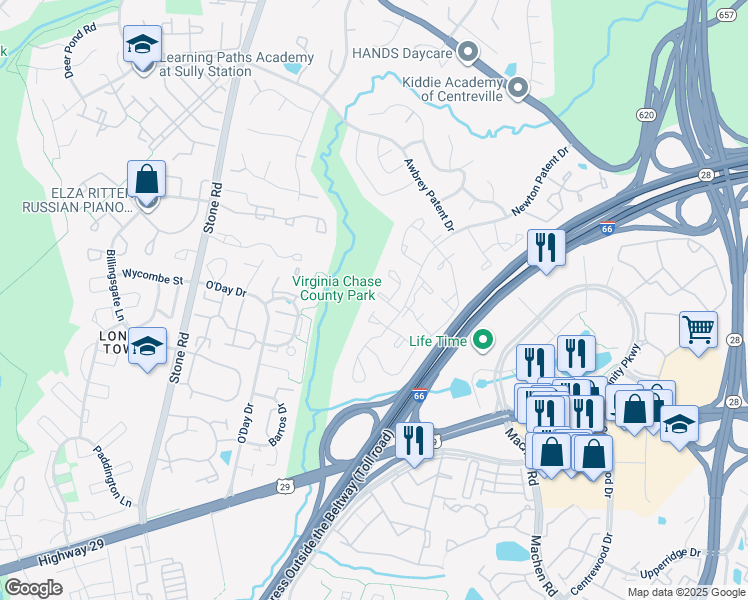 map of restaurants, bars, coffee shops, grocery stores, and more near 14427 Manassas Gap Court in Centreville