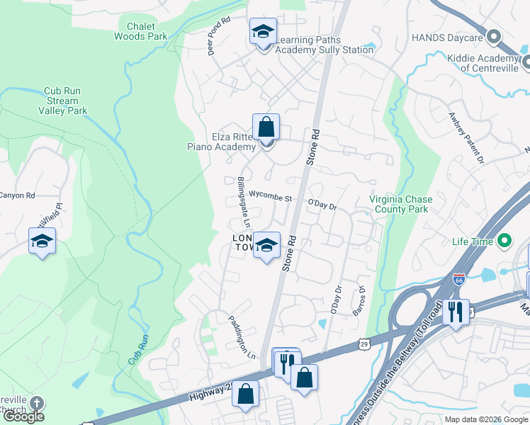 map of restaurants, bars, coffee shops, grocery stores, and more near 14730 Gatwick Square in Centreville