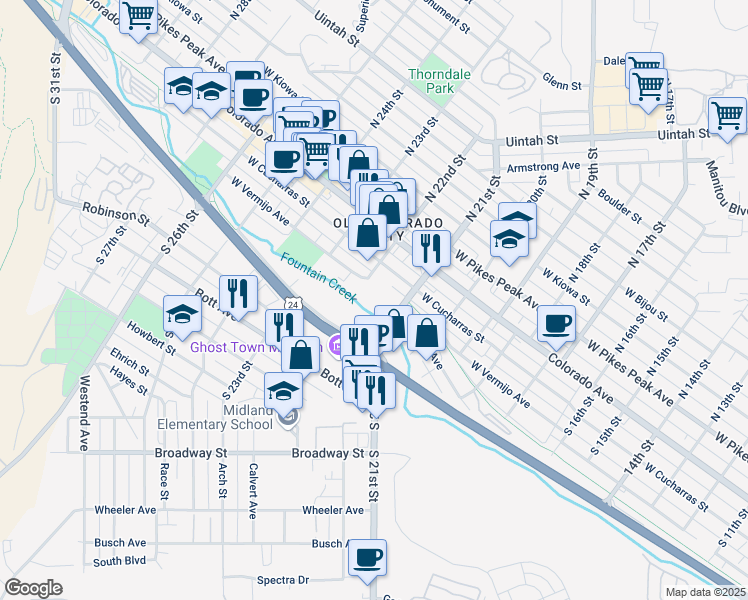 map of restaurants, bars, coffee shops, grocery stores, and more near 240 South 21st Street in Colorado Springs