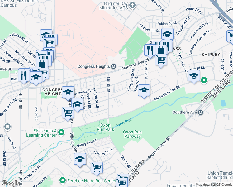map of restaurants, bars, coffee shops, grocery stores, and more near 1322 Congress Street Southeast in Washington