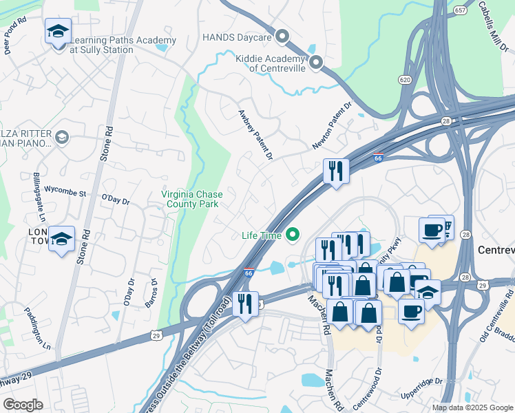 map of restaurants, bars, coffee shops, grocery stores, and more near 14425 Gringsby Court in Centreville
