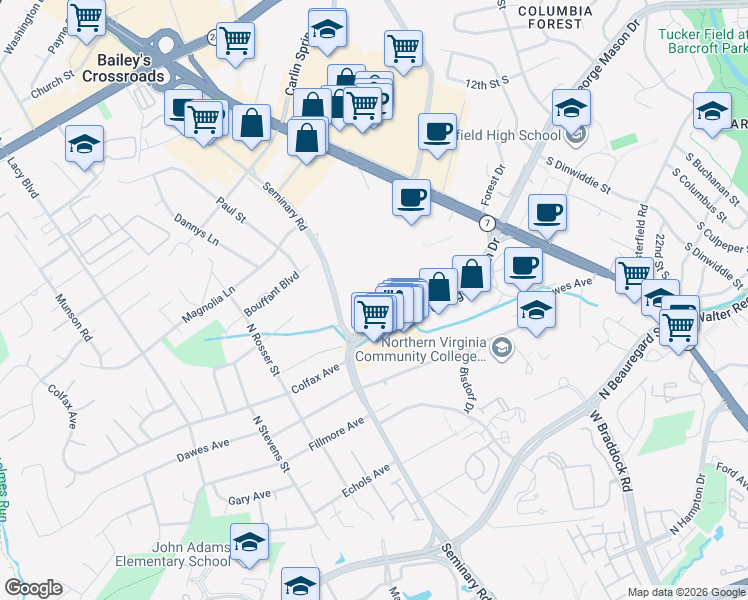 map of restaurants, bars, coffee shops, grocery stores, and more near 5503 Seminary Road in Falls Church