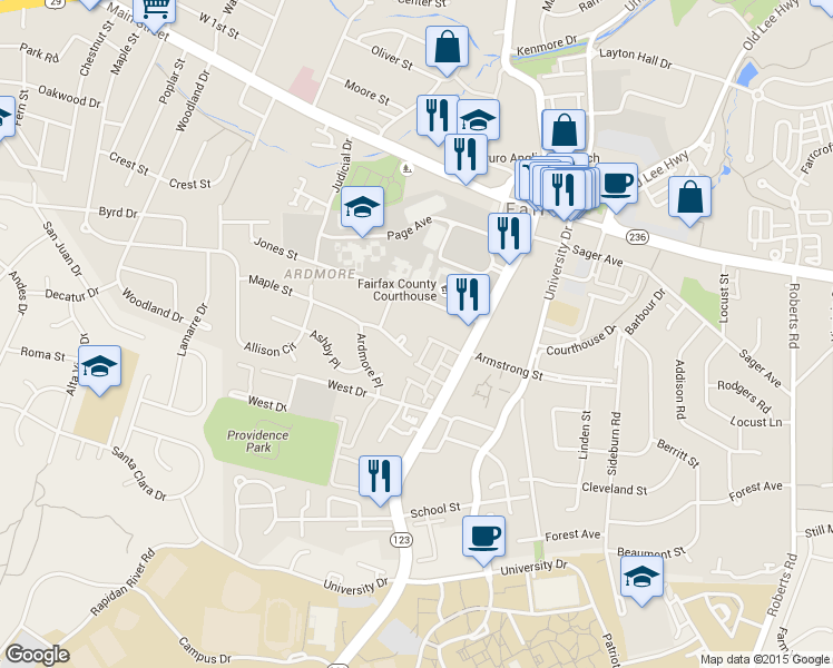 map of restaurants, bars, coffee shops, grocery stores, and more near 10608 Maple Street in Fairfax