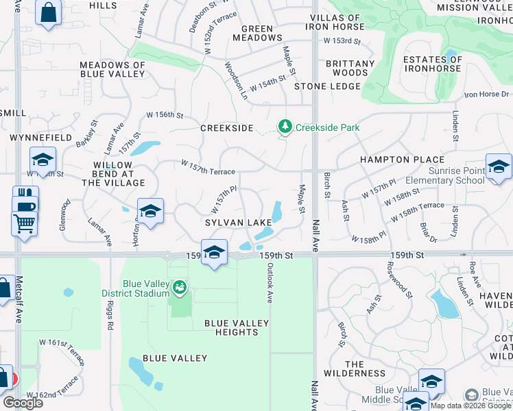 map of restaurants, bars, coffee shops, grocery stores, and more near 15708 Outlook Street in Overland Park