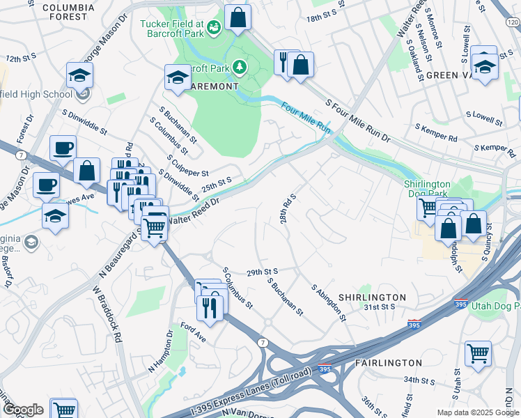 map of restaurants, bars, coffee shops, grocery stores, and more near 2737 South Buchanan Street in Arlington