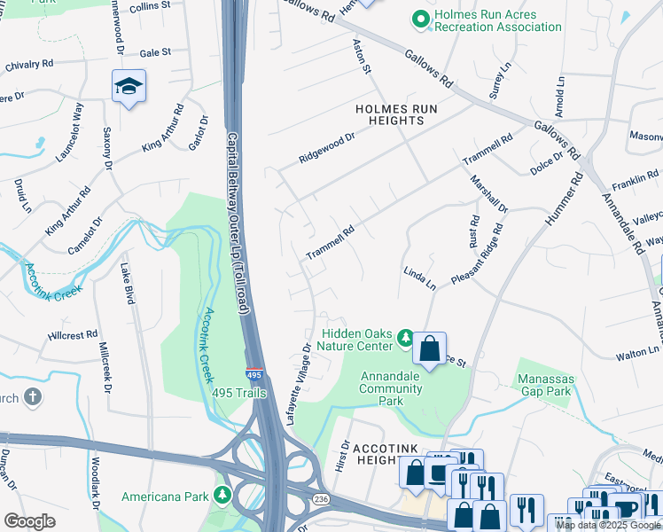 map of restaurants, bars, coffee shops, grocery stores, and more near 3735 Yorktown Village Pass in Annandale