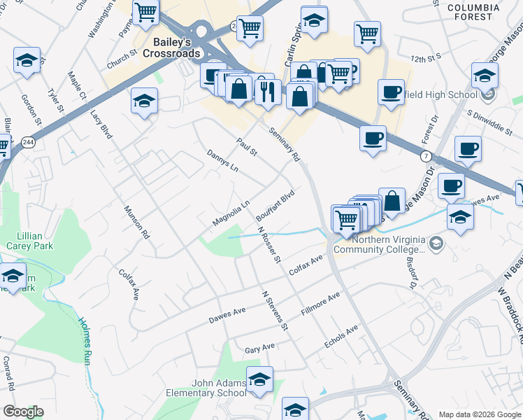 map of restaurants, bars, coffee shops, grocery stores, and more near 5604 Bouffant Blvd in Alexandria