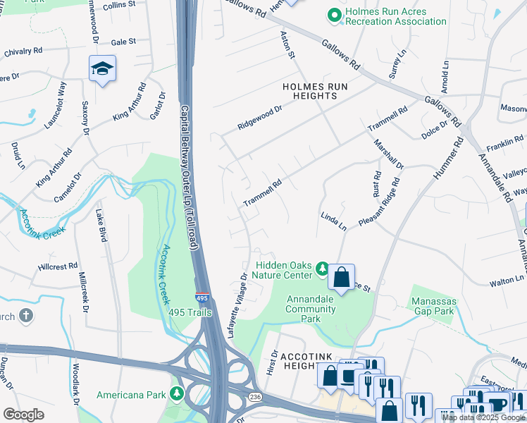 map of restaurants, bars, coffee shops, grocery stores, and more near 3735 Yorktown Village Pass in Annandale