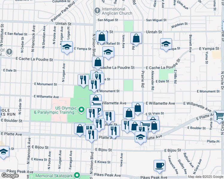 map of restaurants, bars, coffee shops, grocery stores, and more near 1928 East Monument Street in Colorado Springs