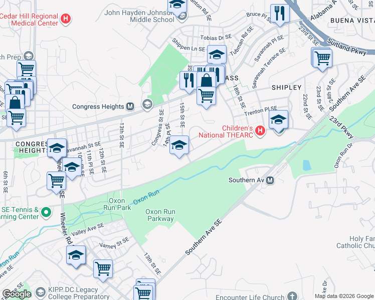 map of restaurants, bars, coffee shops, grocery stores, and more near 1000 Anderson Place Southeast in Washington