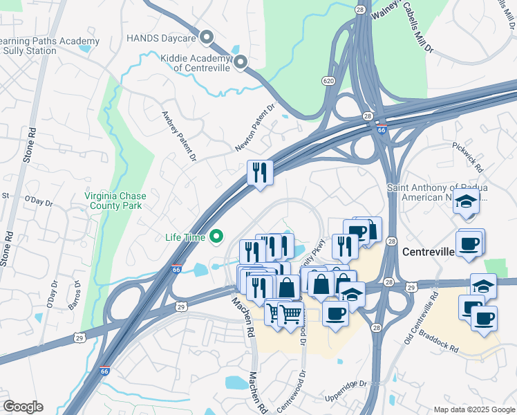 map of restaurants, bars, coffee shops, grocery stores, and more near 5870 Trinity Parkway in Centreville