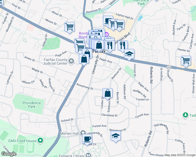 map of restaurants, bars, coffee shops, grocery stores, and more near 10456 Breckinridge Lane in Fairfax