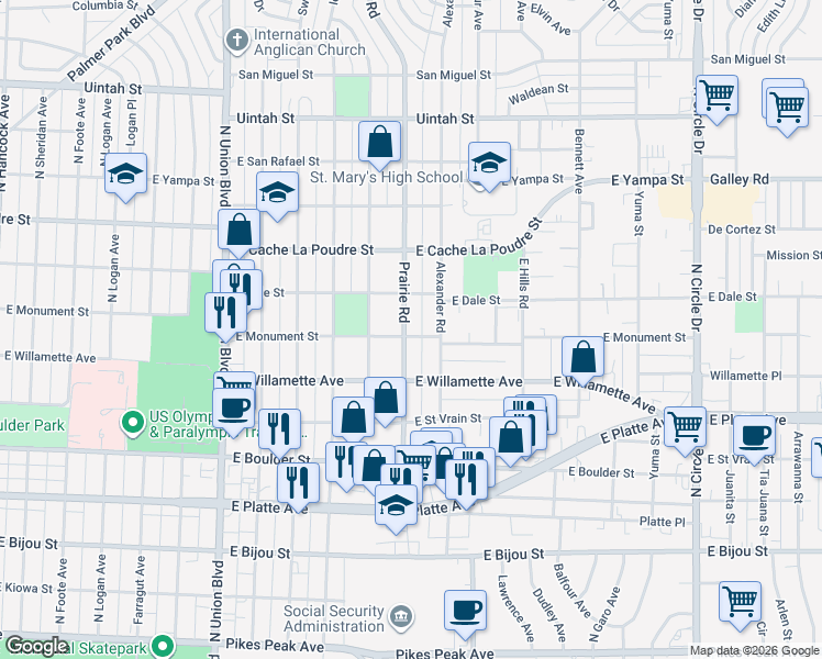 map of restaurants, bars, coffee shops, grocery stores, and more near 703 Prairie Road in Colorado Springs