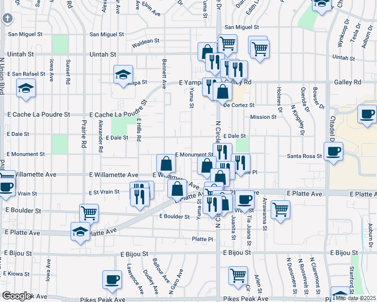 map of restaurants, bars, coffee shops, grocery stores, and more near 2706 East Monument Street in Colorado Springs