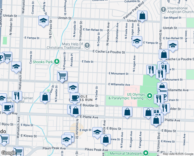 map of restaurants, bars, coffee shops, grocery stores, and more near 616 North Cedar Street in Colorado Springs