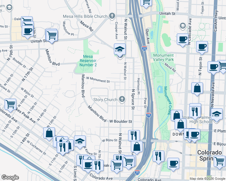 map of restaurants, bars, coffee shops, grocery stores, and more near 622 Cooper Avenue in Colorado Springs
