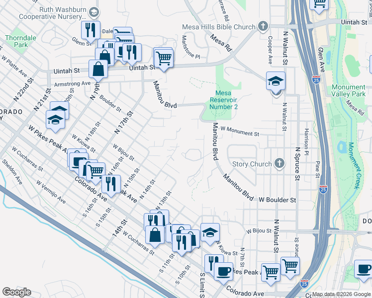map of restaurants, bars, coffee shops, grocery stores, and more near 584 Observatory Drive in Colorado Springs