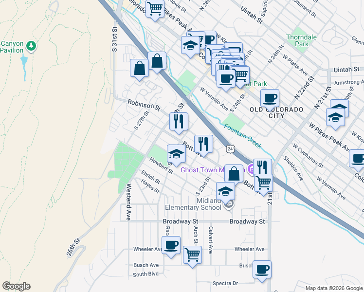 map of restaurants, bars, coffee shops, grocery stores, and more near 2419 Bott Avenue in Colorado Springs