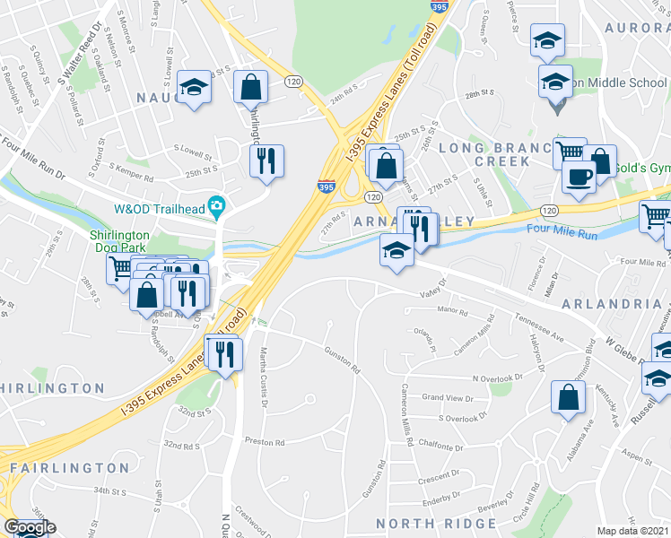 map of restaurants, bars, coffee shops, grocery stores, and more near 1225 Martha Custis Drive in Alexandria
