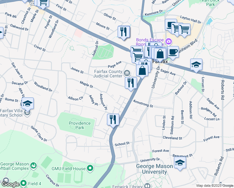 map of restaurants, bars, coffee shops, grocery stores, and more near 10608 Maple Street in Fairfax