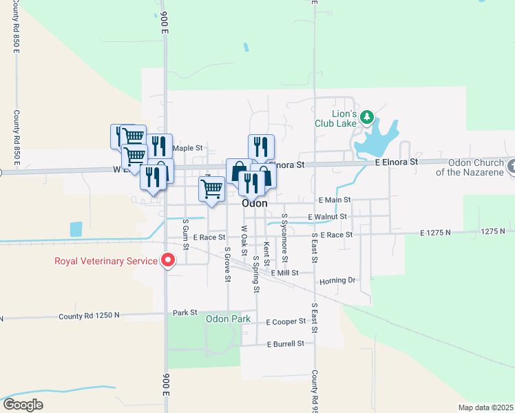 map of restaurants, bars, coffee shops, grocery stores, and more near in Odon