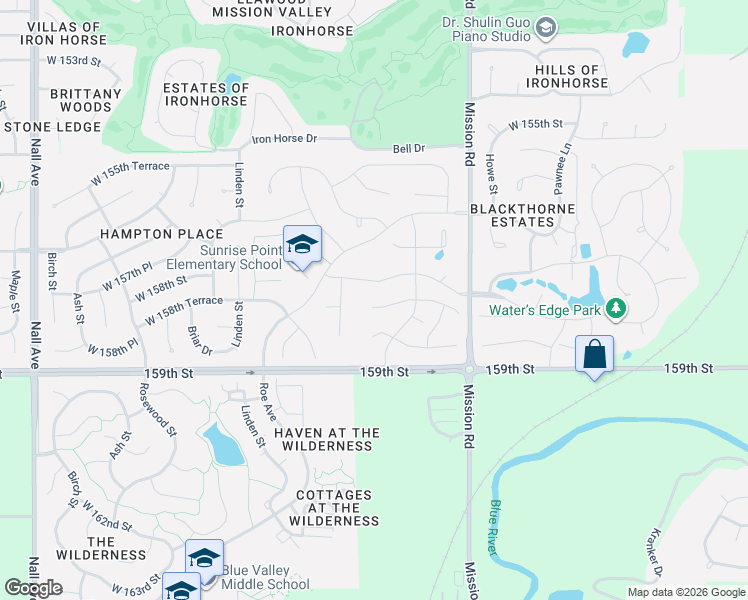 map of restaurants, bars, coffee shops, grocery stores, and more near 4309 West 158th Street in Overland Park