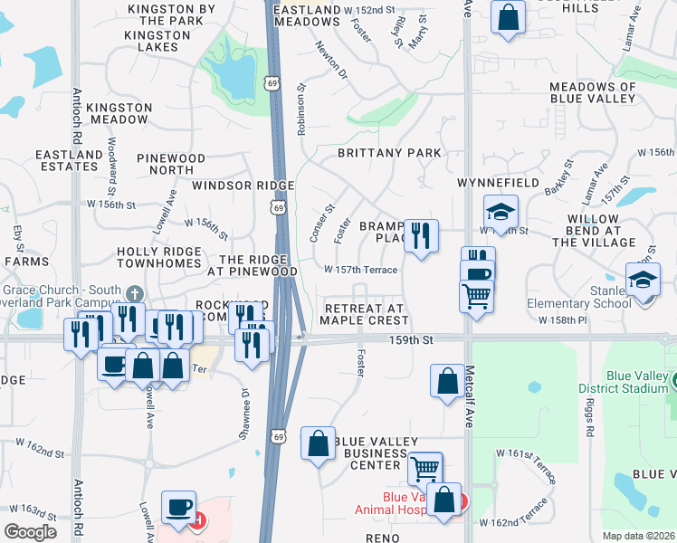 map of restaurants, bars, coffee shops, grocery stores, and more near 7419 West 157th Terrace in Overland Park