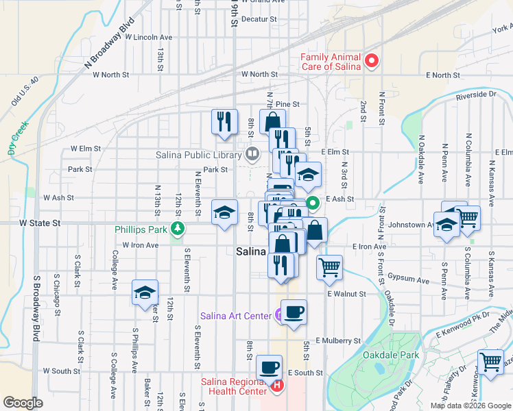map of restaurants, bars, coffee shops, grocery stores, and more near in Salina
