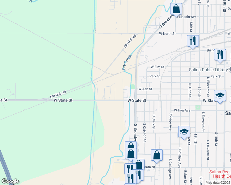 map of restaurants, bars, coffee shops, grocery stores, and more near 1450 West State Street in Salina
