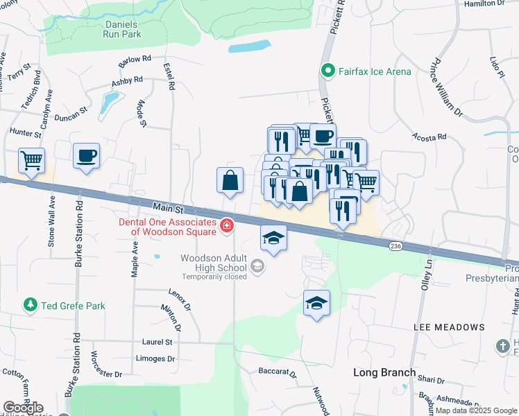 map of restaurants, bars, coffee shops, grocery stores, and more near 3980 Bradwater Street in Fairfax