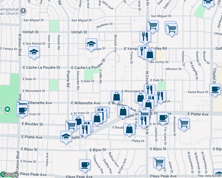 map of restaurants, bars, coffee shops, grocery stores, and more near 2532 East Monument Street in Colorado Springs