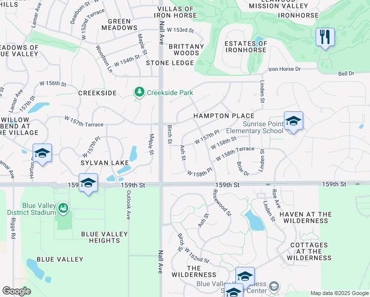 map of restaurants, bars, coffee shops, grocery stores, and more near 15729 Ash St in Overland Park