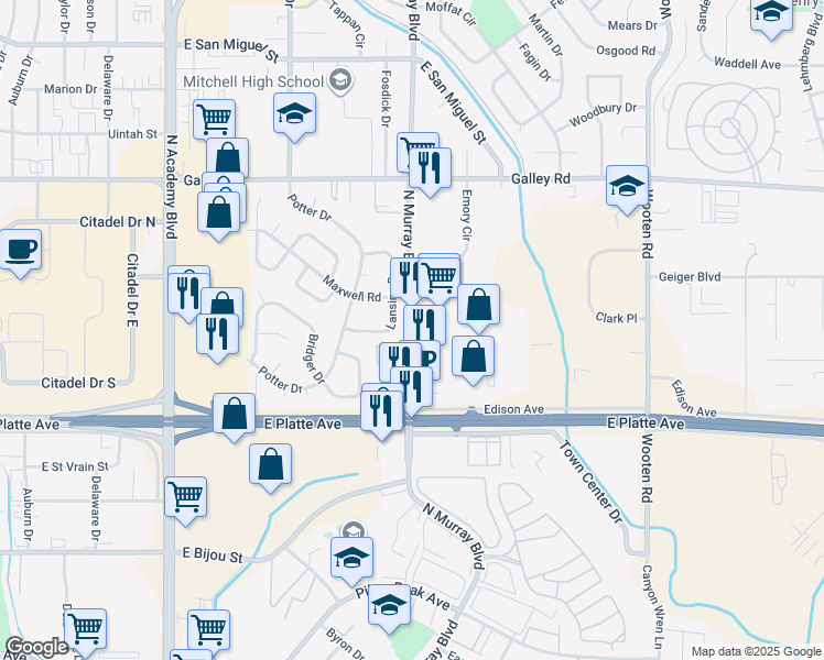 map of restaurants, bars, coffee shops, grocery stores, and more near 611 North Murray Boulevard in Colorado Springs