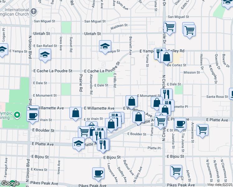 map of restaurants, bars, coffee shops, grocery stores, and more near 705 East Hills Road in Colorado Springs