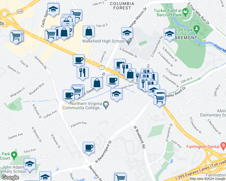 map of restaurants, bars, coffee shops, grocery stores, and more near 3705 S George Mason Dr in Falls Church