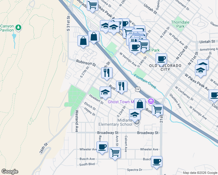 map of restaurants, bars, coffee shops, grocery stores, and more near 2419 Bott Avenue in Colorado Springs