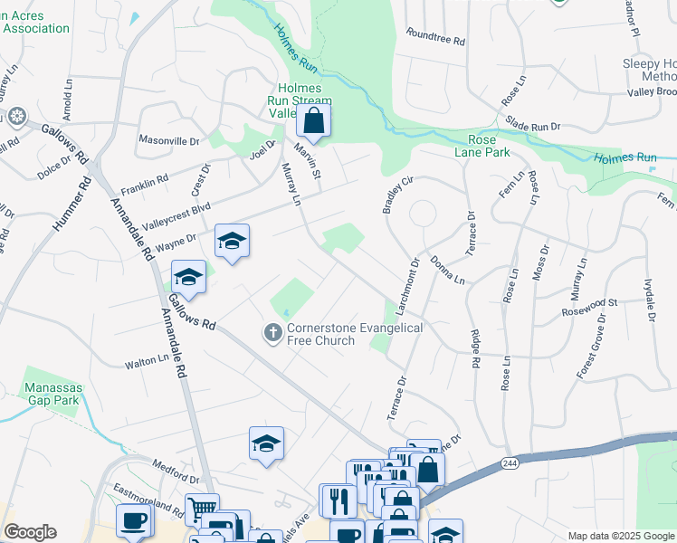 map of restaurants, bars, coffee shops, grocery stores, and more near 7121 Murray Lane in Annandale
