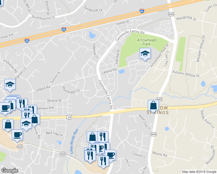 map of restaurants, bars, coffee shops, grocery stores, and more near 5325 Blue Aster Circle in Centreville
