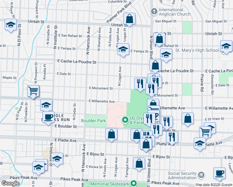 map of restaurants, bars, coffee shops, grocery stores, and more near 624 N Logan Ave in Colorado Springs